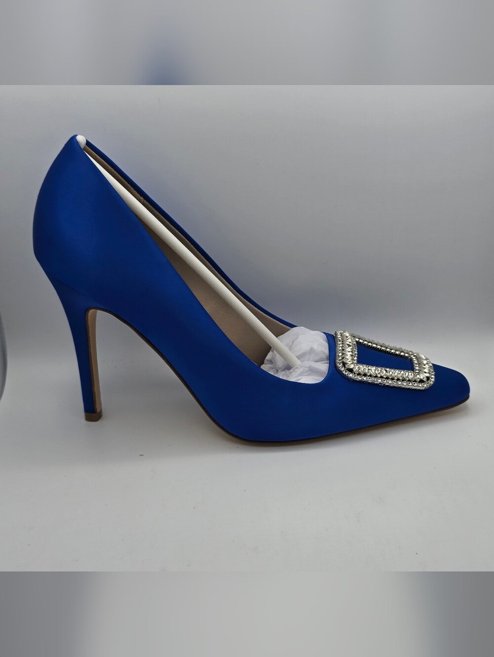 Conlocura Womens Elegant Blue Satin Pointed Toe Heels with Crystal Buckle